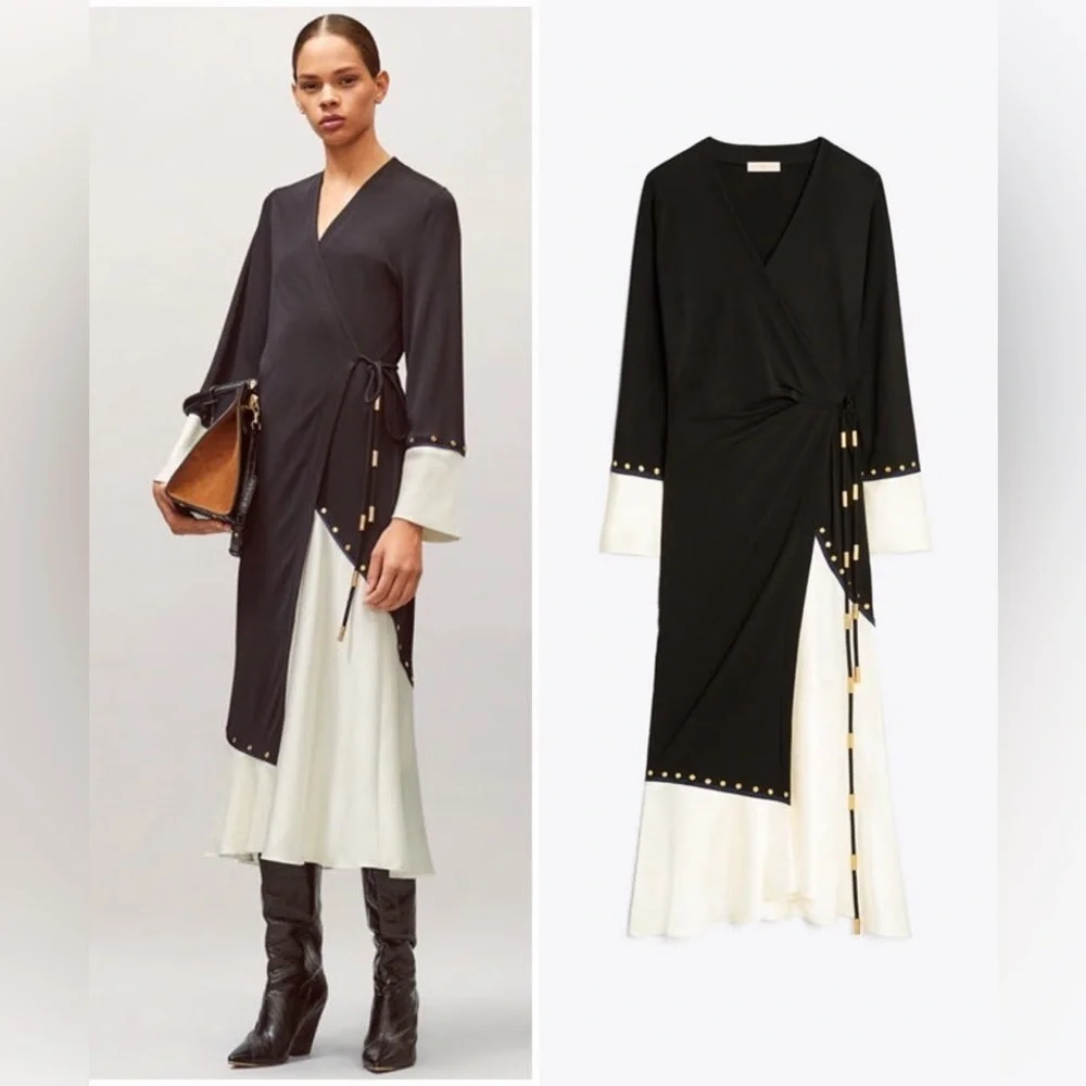 NWT $698 Tory Burch Mixed-Material Wrap Dress In Black